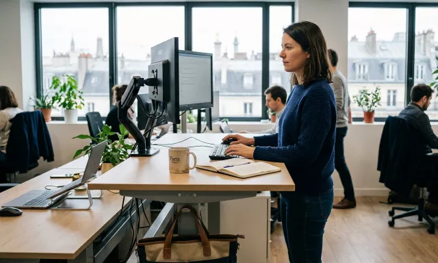 Une femme debout devant son bureau réglable, sur un open space.