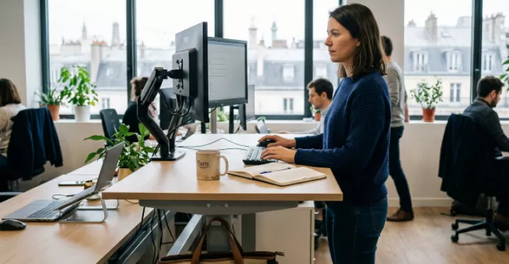 Une femme debout devant son bureau réglable, sur un open space.