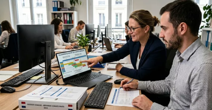 Une DRH et son responsable paye regardent ensemble les conséquences de la loi DDADUE sur les congés payés