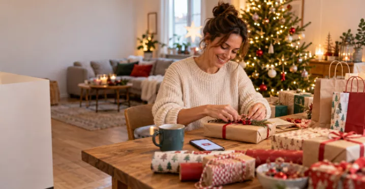 Une femme prépare les cadeaux de Noël de sa famille.