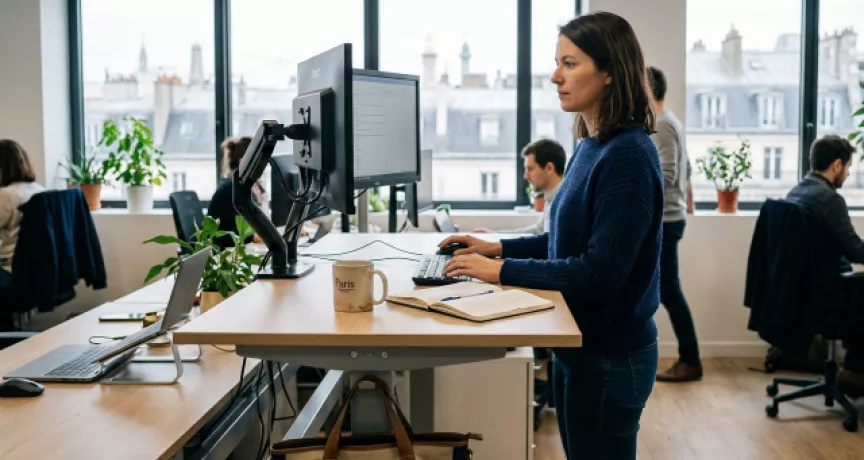 Une femme debout devant son bureau réglable, sur un open space.