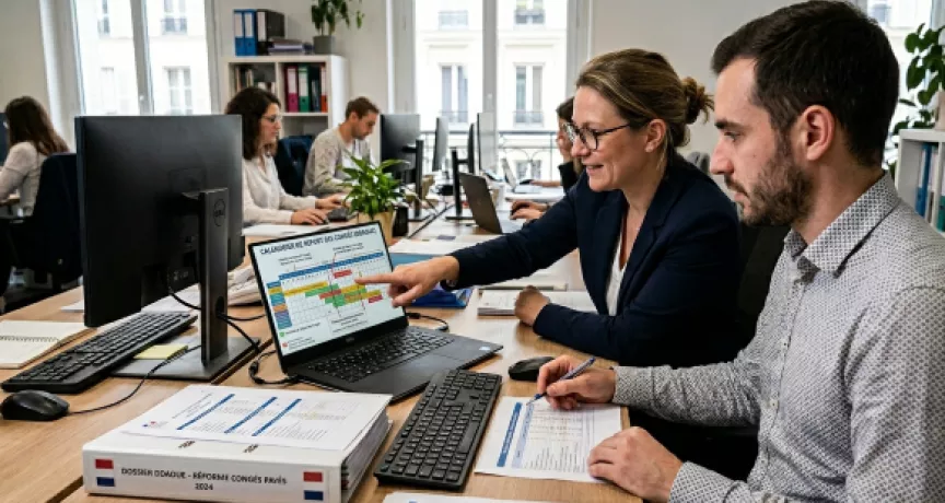 Une DRH et son responsable paye regardent ensemble les conséquences de la loi DDADUE sur les congés payés