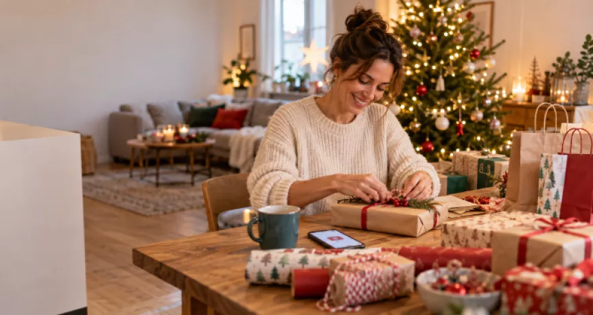 Une femme prépare les cadeaux de Noël de sa famille.
