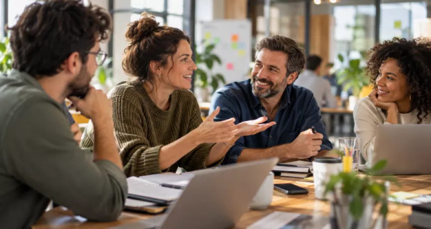 Manager échangeant avec son équipe dans un environnement de travail collaboratif, illustrant un management fondé sur l’écoute, la confiance et l’autonomie.
