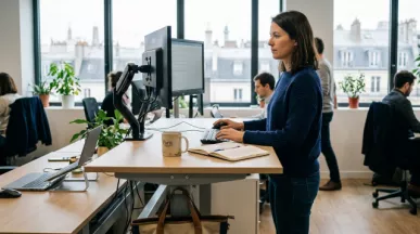 Une femme debout devant son bureau réglable, sur un open space.