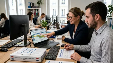 Une DRH et son responsable paye regardent ensemble les conséquences de la loi DDADUE sur les congés payés