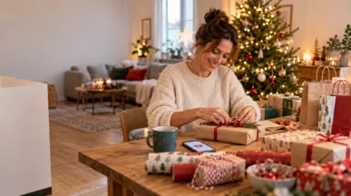 Une femme prépare les cadeaux de Noël de sa famille.
