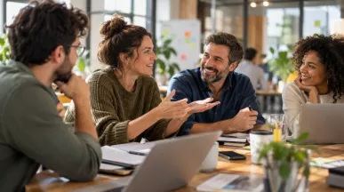 Manager échangeant avec son équipe dans un environnement de travail collaboratif, illustrant un management fondé sur l’écoute, la confiance et l’autonomie.